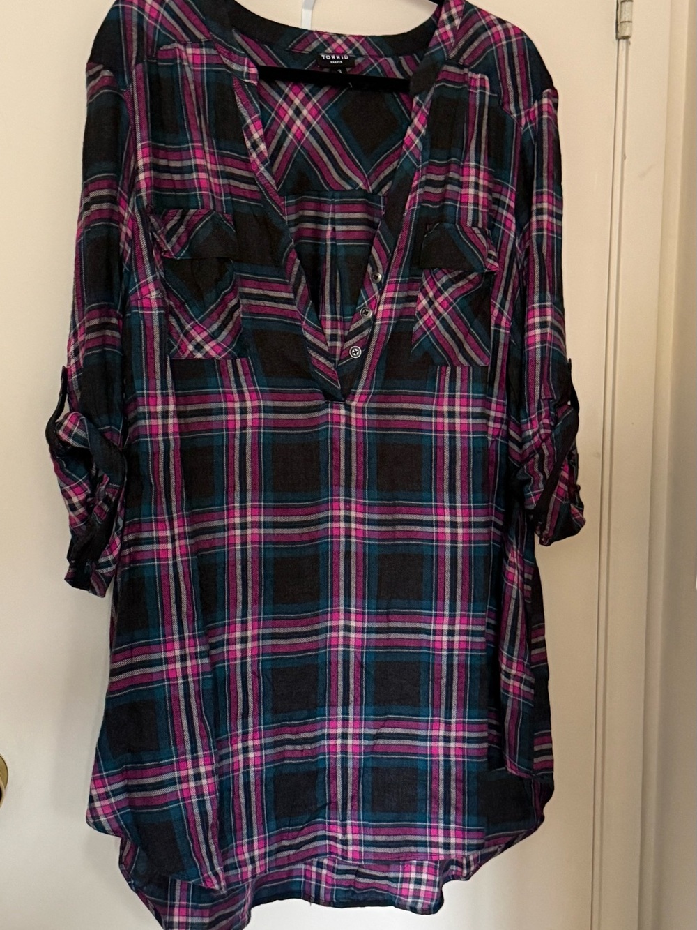 torrid Harper Black Pink & Teal Plaid Button-Front Tunic